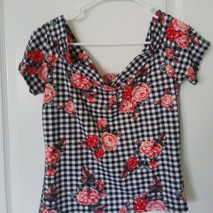 Vintage Style Pinup Gingham Floral Top Sweetheart Neckline Size L